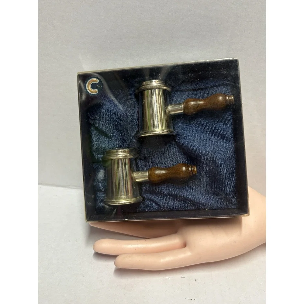Silver plated Salt & Pepper Shaker‎ Hammer shape small vintage wood handles
